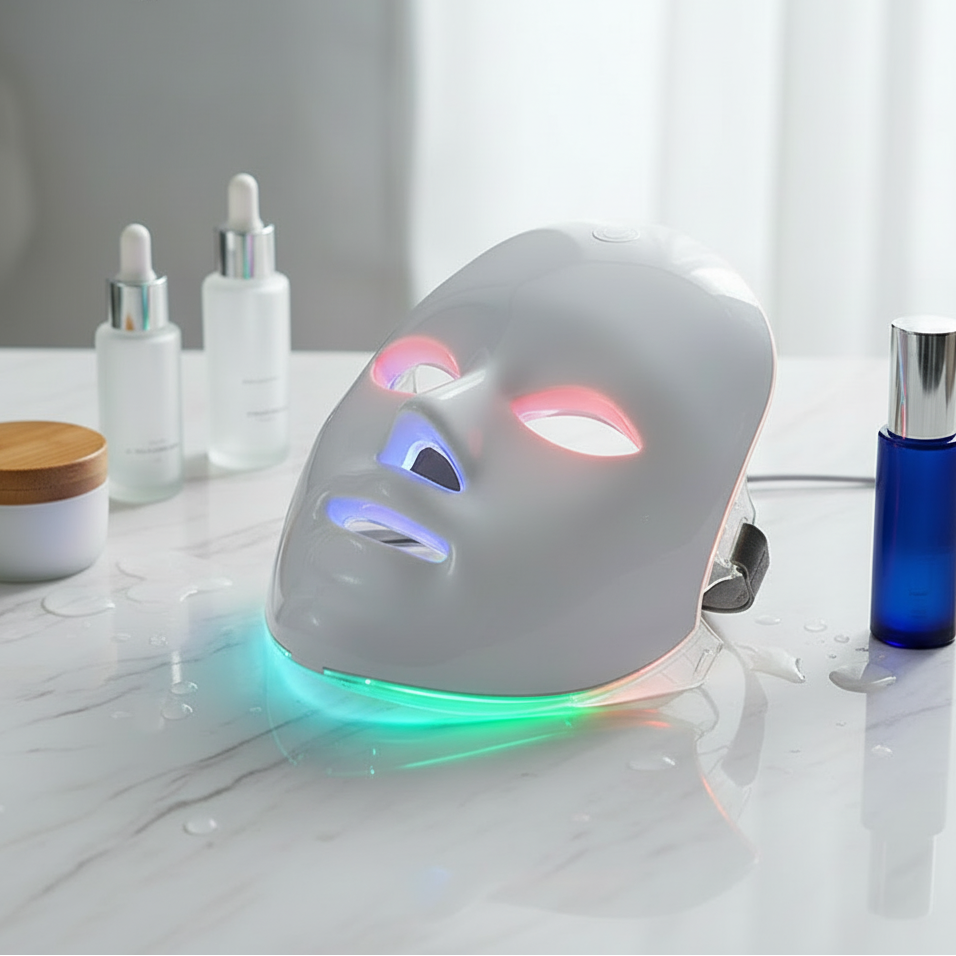 Masque LED thérapie lumineuse sur marbre
