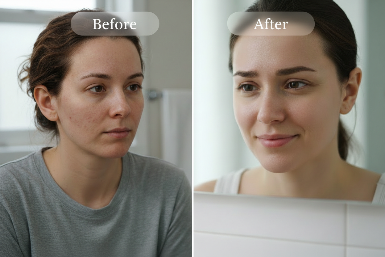 Avant/Après résultats masque LED - peau plus claire et lumineuse